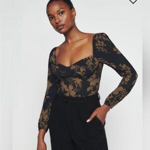 Reformation Reign Floral Top Black Brown Sweetheart Smocked Back Size 4
